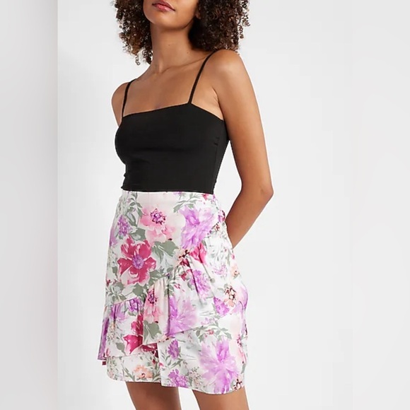 Express High Waist Floral Asymmetrical Ruffled Mini Skirt - Picture 1 of 15